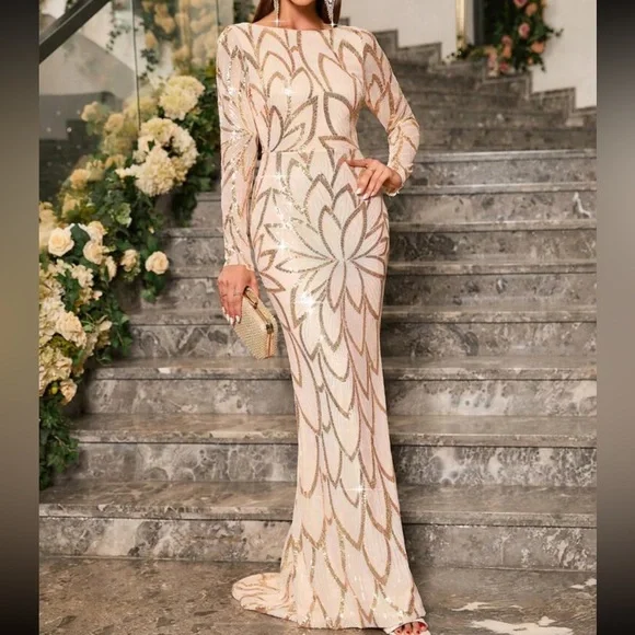 Luxe long sleeve party formal sequins dress Wedding